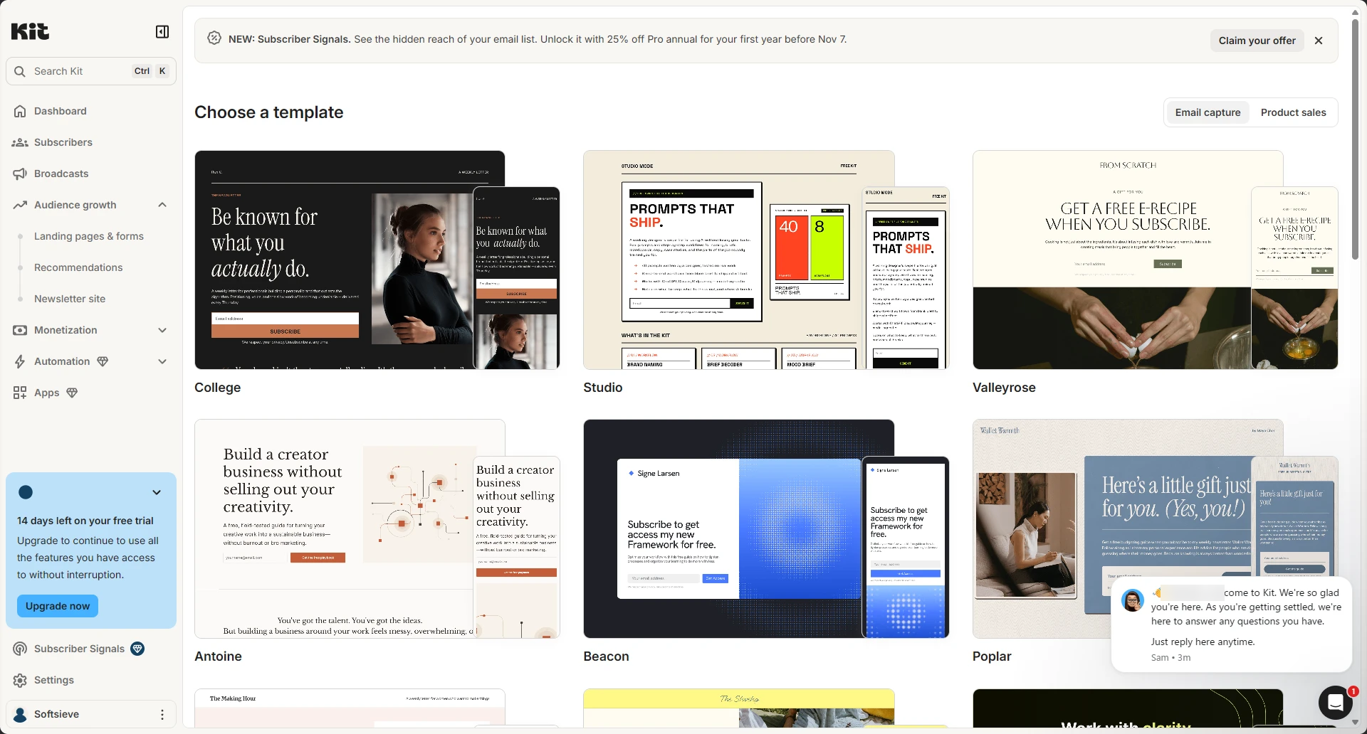 Kit's landing page template picker with Email capture and Product sales tabs and designed templates