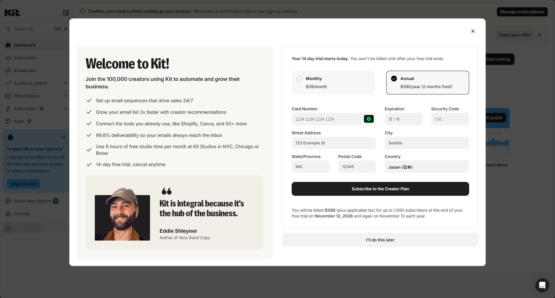 Kit's pop-up offering a 14-day Creator plan trial, showing monthly $39 and annual $390 options and an "I'll do this later" link to skip entering a card